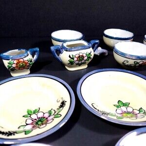 Vintage 1950s Japanese Lusterware 14 Piece Tea Set blue rim orange blue flowers